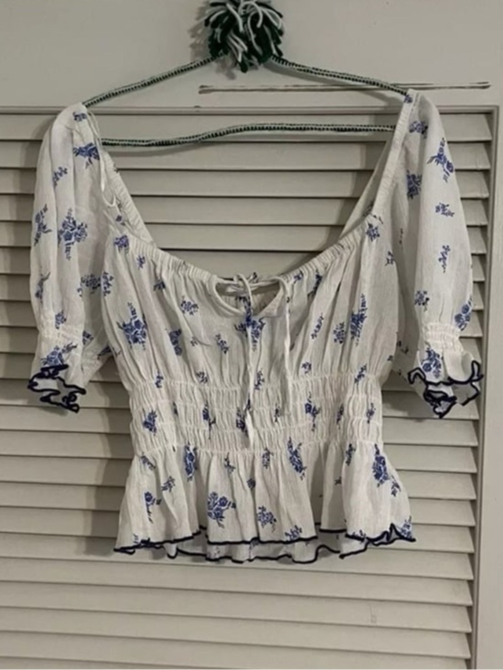 H&M White Blouse with Blue Floral Print and Ruffle Trim